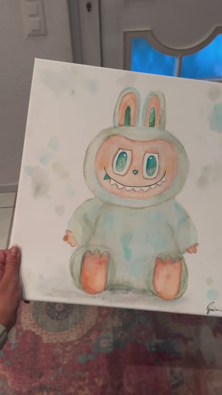 Leinwand Aquarell – Labubu (Türkis)